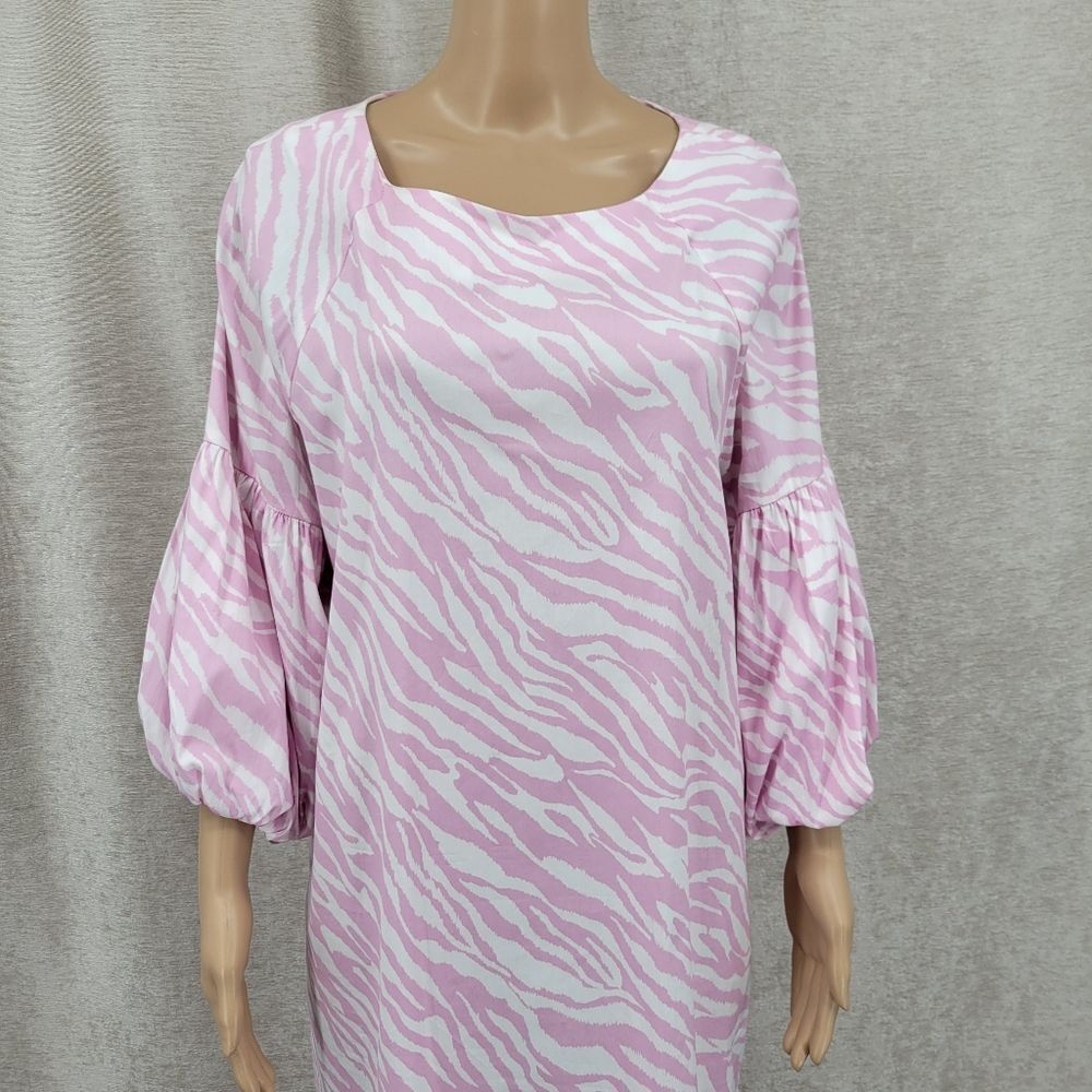 Chico's Dress Pink Zebra Print Ballon Sleeve Midi Dress Poplin Stretch NEW - Picture 5 of 16